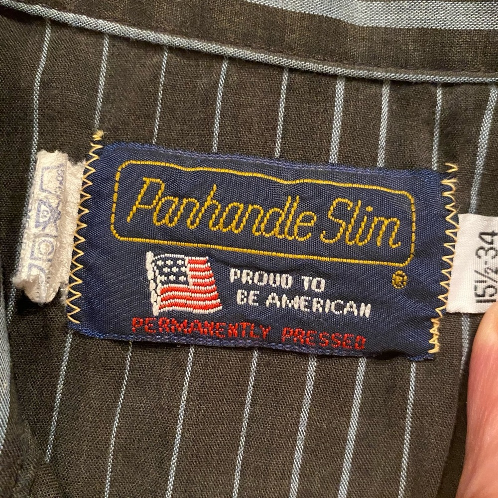 SALE!!! Panhandle Slim Men's Black and Gray Striped Shirt—15.5-34 - Picture 2 of 3